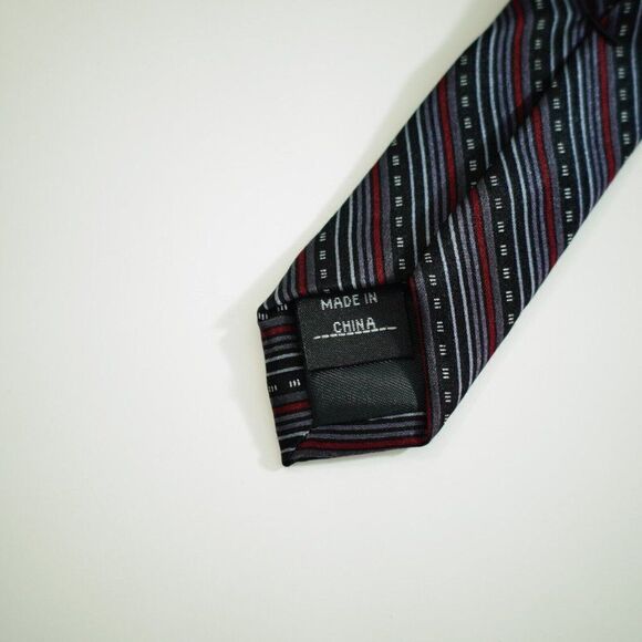 Perry Ellis Portfolio Black Silver Red Striped Print Silk Tie - Picture 4 of 7
